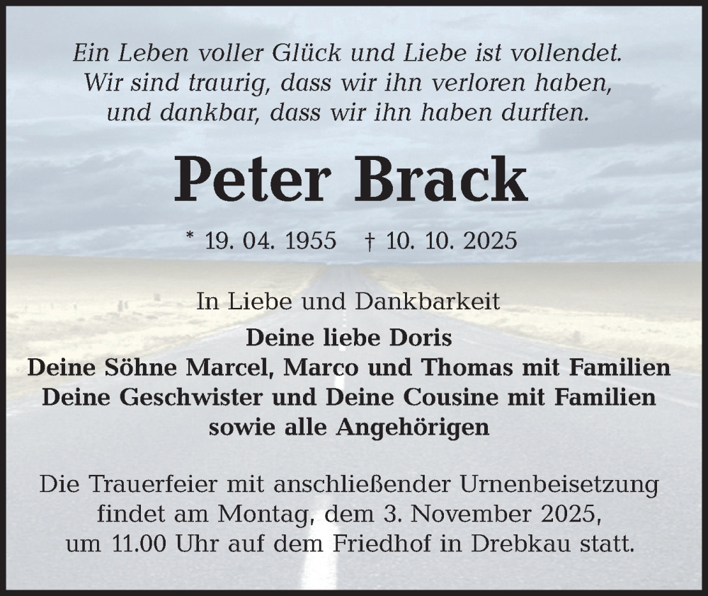  Traueranzeige für Peter Brack vom 25.10.2025 aus Lausitzer Rundschau