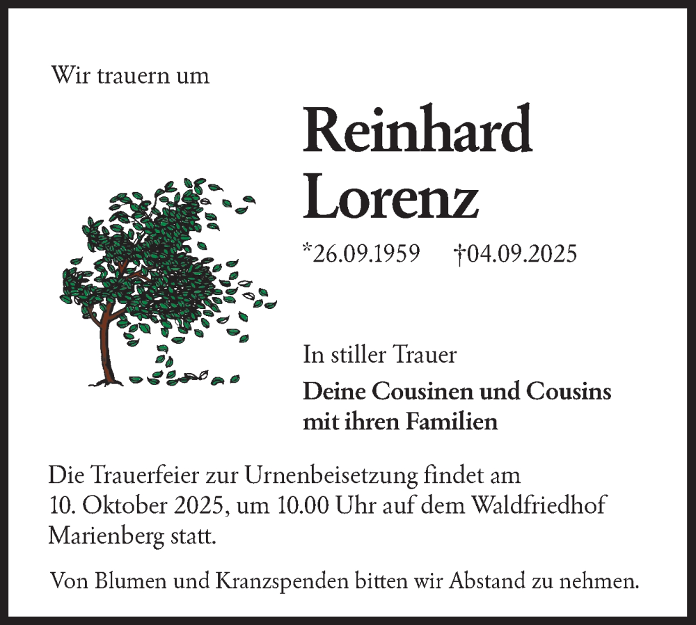 Traueranzeige für Reinhard Lorenz vom 04.10.2025 aus Lausitzer Rundschau