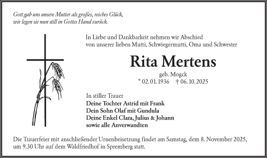 Traueranzeige von Rita Mertens von Lausitzer Rundschau