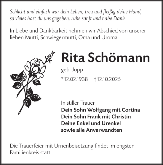 Traueranzeige von Rita Schömann von Lausitzer Rundschau
