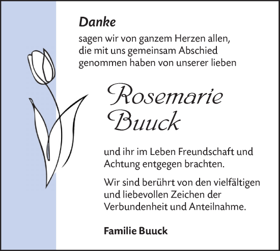 Traueranzeige von Rosemarie Buuck von Ausg. LR Spreewald RS
