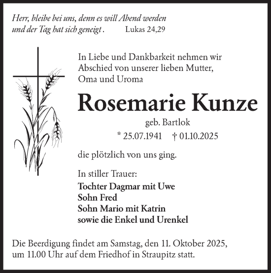 Traueranzeige von Rosemarie Kunze von Ausg. LR Spreewald RS