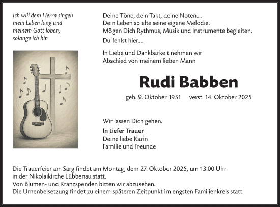Traueranzeige von Rudi Babben von Ausg. LR Spreewald RS