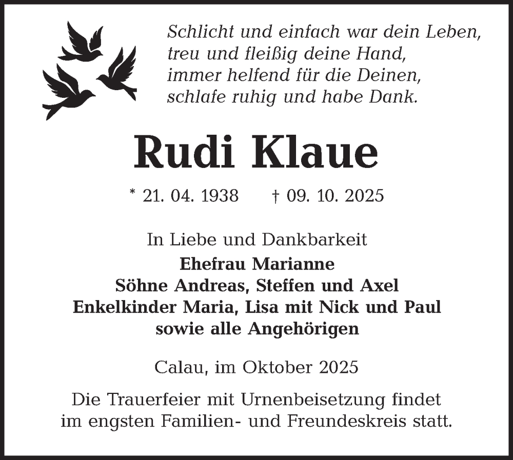  Traueranzeige für Rudi Klaue vom 18.10.2025 aus Ausg. LR Spreewald RS