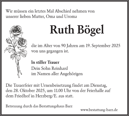 Traueranzeige von Ruth Bögel von Lausitzer Rundschau