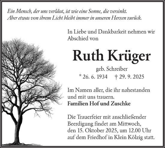 Traueranzeige von Ruth Krüger von Lausitzer Rundschau