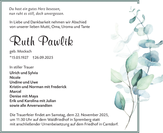Traueranzeige von Ruth Pawlik von Lausitzer Rundschau
