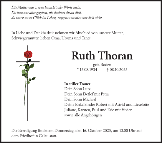 Traueranzeige von Ruth Thoran von Ausg. LR Spreewald RS
