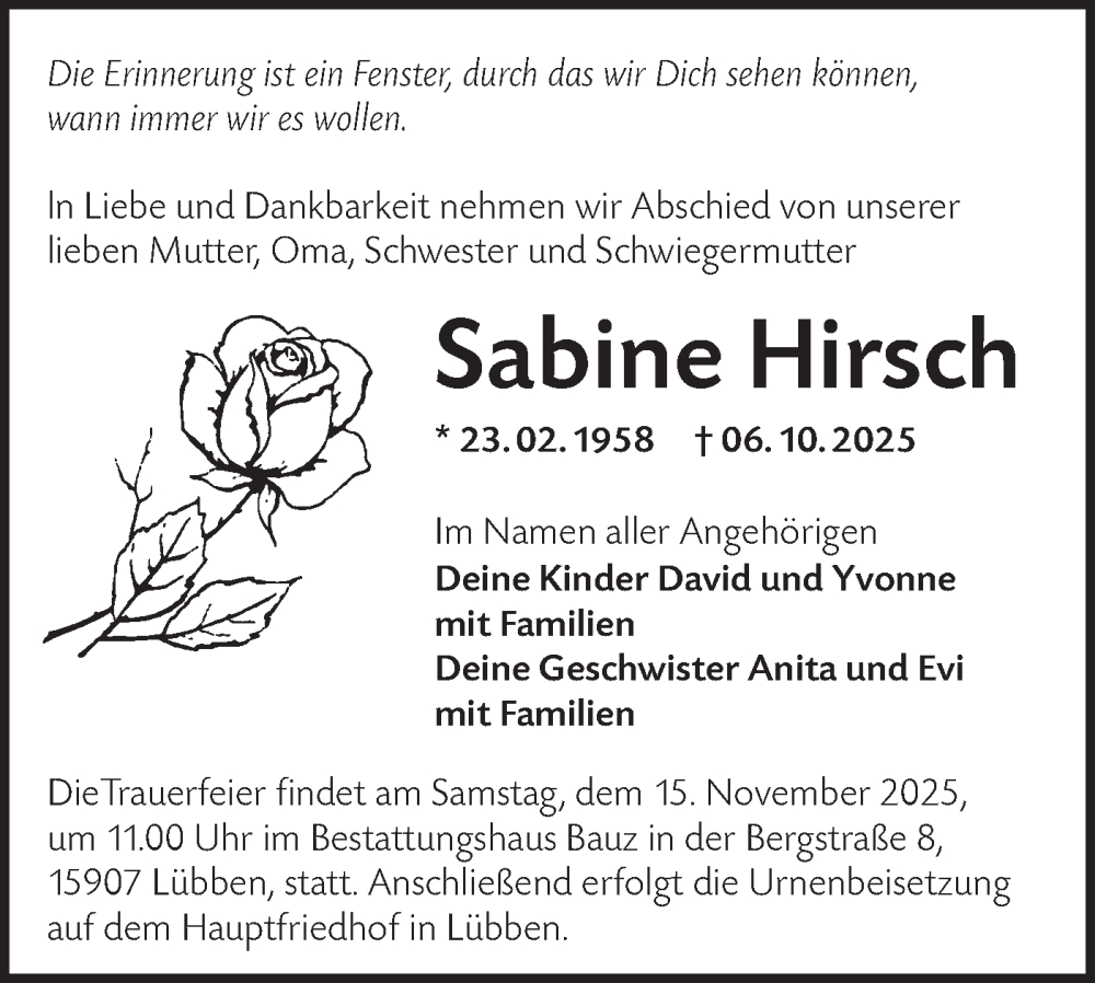  Traueranzeige für Sabine Hirsch vom 25.10.2025 aus Lausitzer Rundschau
