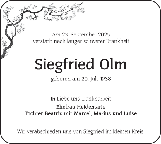 Traueranzeige von Siegfried Olm von Lausitzer Rundschau