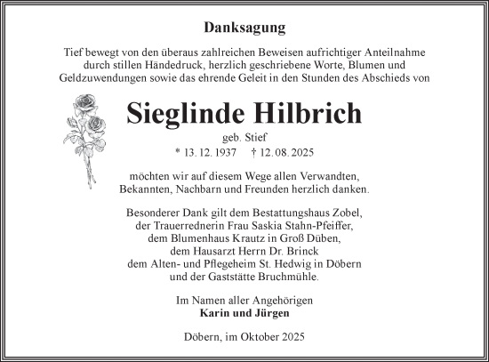 Traueranzeige von Sieglinde Hilbrich von Lausitzer Rundschau