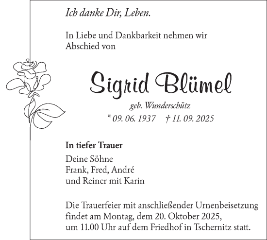 Traueranzeige von Sigrid Blümel von Lausitzer Rundschau