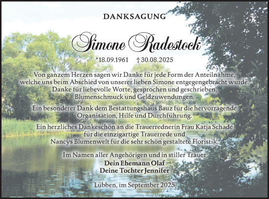 Traueranzeige von Simone Radestock von Lausitzer Rundschau