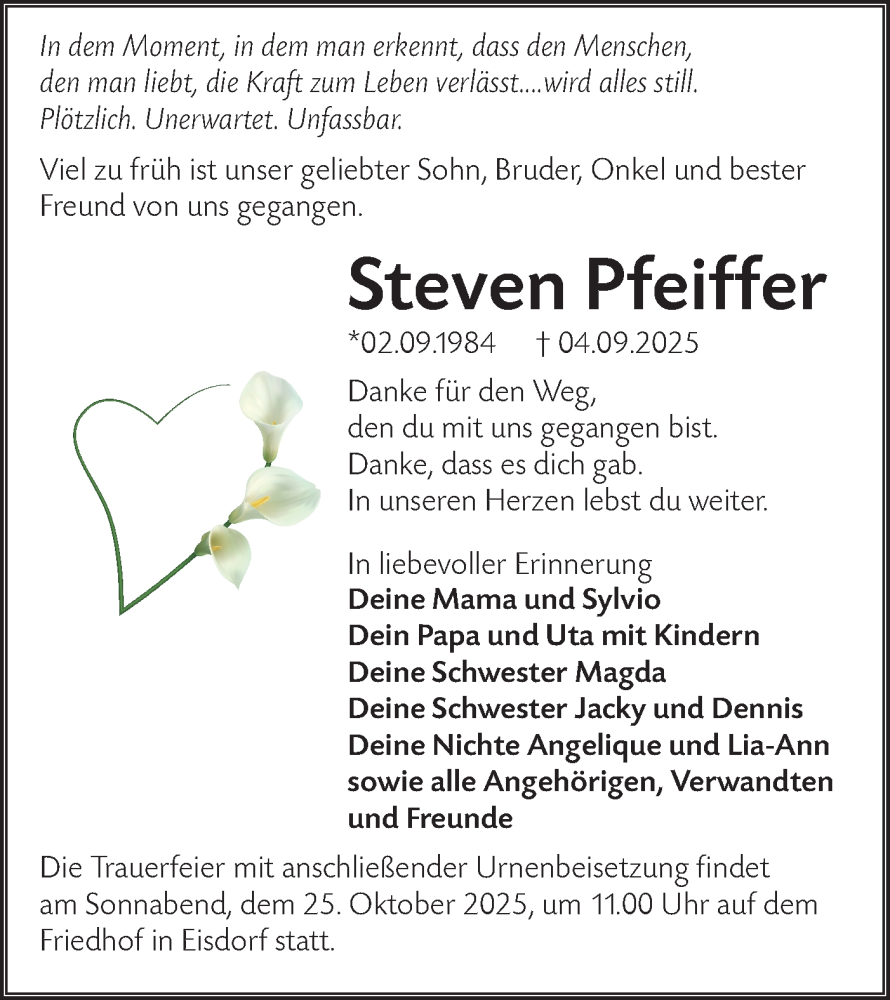  Traueranzeige für Steven Pfeiffer vom 04.10.2025 aus Lausitzer Rundschau
