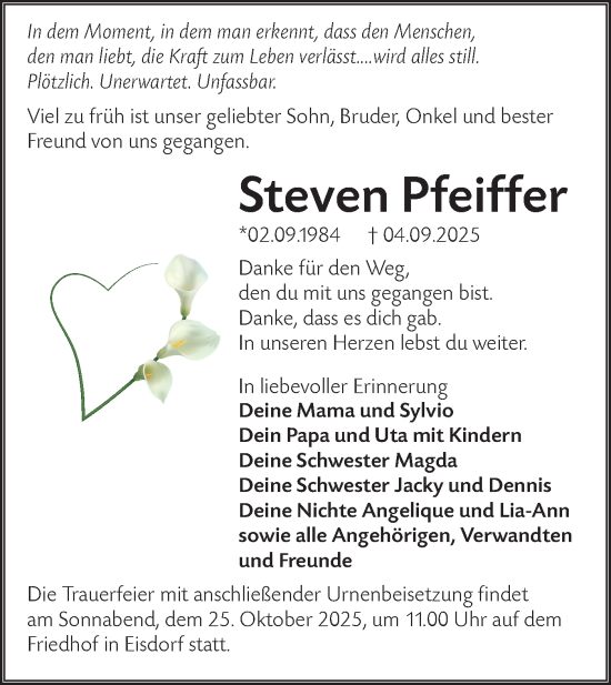 Traueranzeige von Steven Pfeiffer von Lausitzer Rundschau