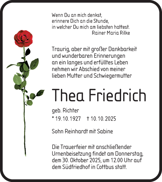 Traueranzeige von Thea Friedrich von Lausitzer Rundschau