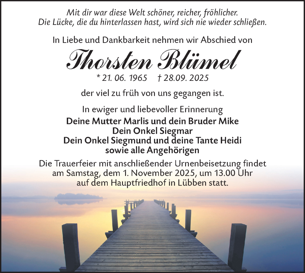  Traueranzeige für Thorsten Blümel vom 18.10.2025 aus Lausitzer Rundschau