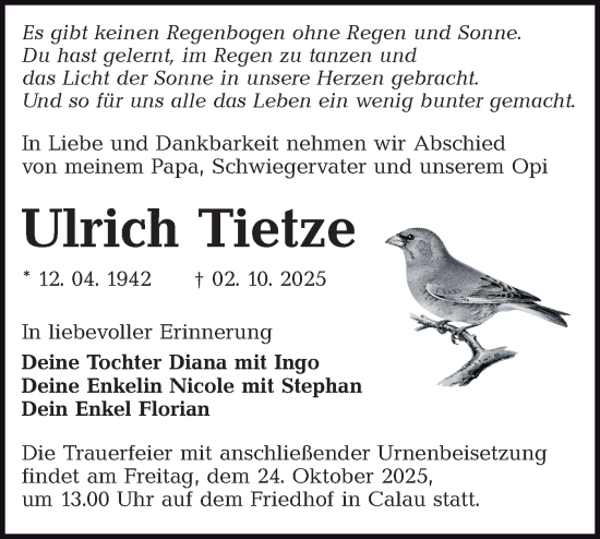 Traueranzeige von Ulrich Tietze von Lausitzer Rundschau