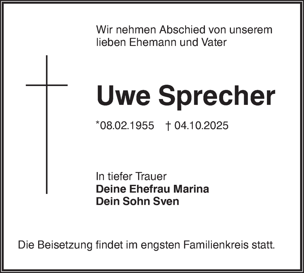  Traueranzeige für Uwe Sprecher vom 11.10.2025 aus Lausitzer Rundschau