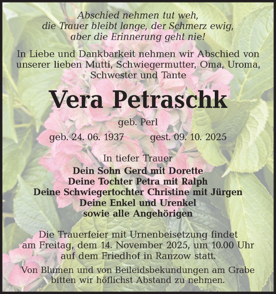 Traueranzeige von Vera Petraschk von Lausitzer Rundschau