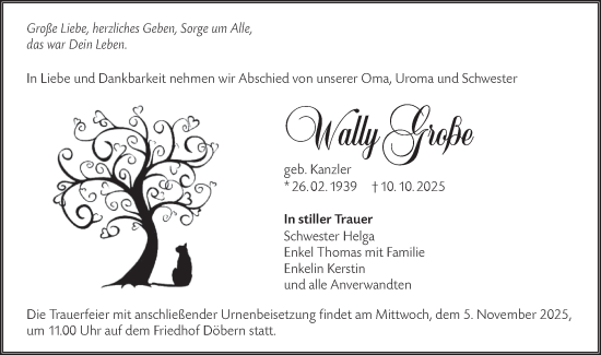 Traueranzeige von Wally Große von Lausitzer Rundschau