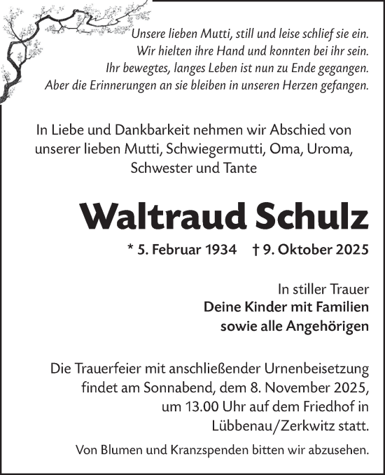 Traueranzeige von Waltraud Schulz von Lausitzer Rundschau