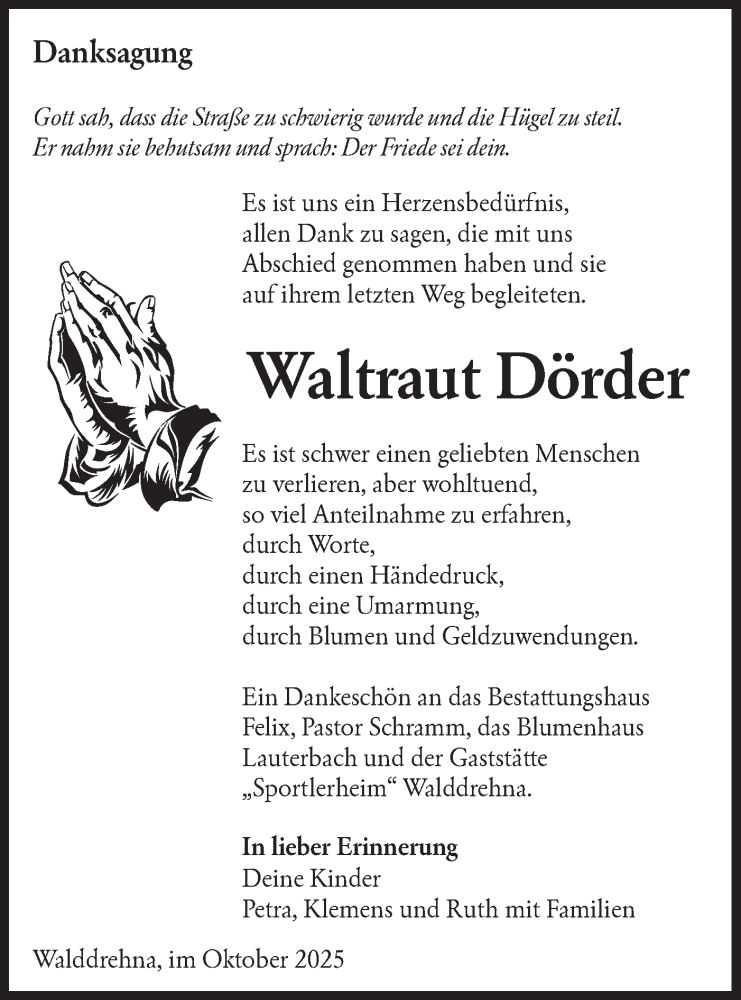  Traueranzeige für Waltraut Dörder vom 18.10.2025 aus Lausitzer Rundschau