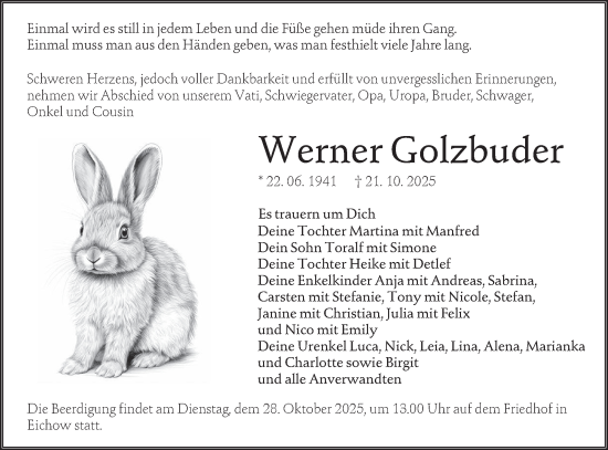Traueranzeige von Werner Golzbuder von Lausitzer Rundschau