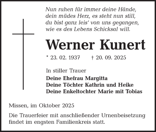 Traueranzeige von Werner Kunert von Lausitzer Rundschau