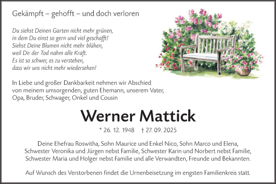 Traueranzeige von Werner Mattick von Lausitzer Rundschau