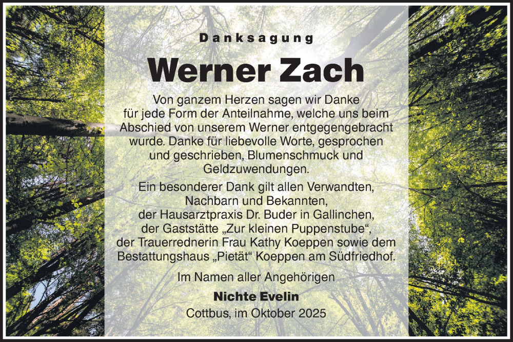  Traueranzeige für Werner Zach vom 18.10.2025 aus Lausitzer Rundschau