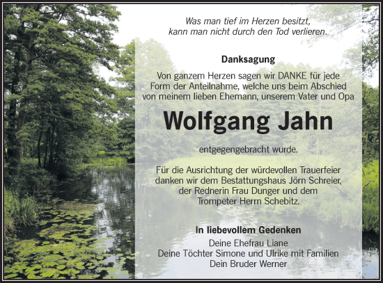 Traueranzeige von Wolfgang Jahn von Ausg. LR Spreewald RS