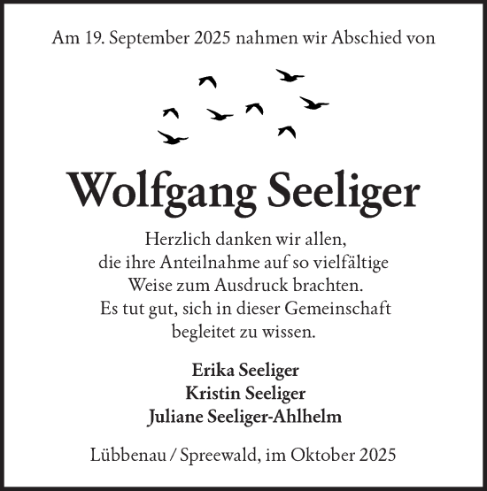Traueranzeige von Wolfgang Seeliger von Ausg. LR Spreewald RS