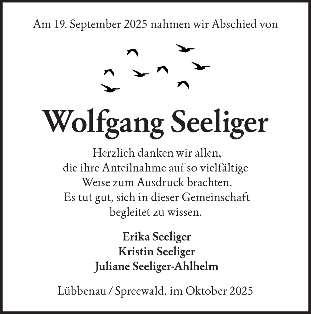  Traueranzeige für Wolfgang Seeliger vom 11.10.2025 aus Ausg. LR Spreewald RS