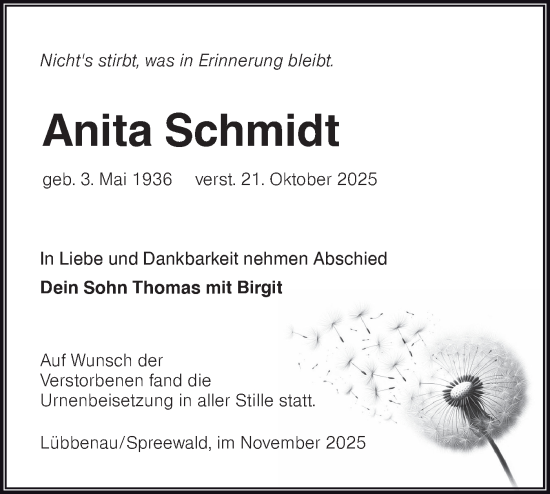Traueranzeige von Anita Schmidt von Lausitzer Rundschau