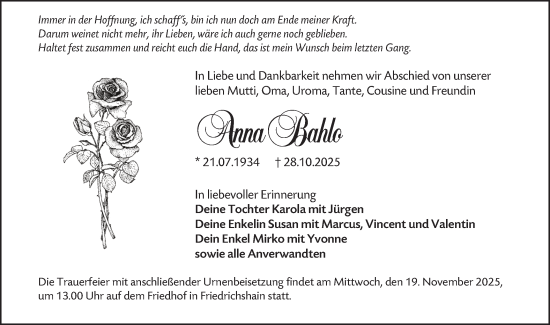 Traueranzeige von Anna Bahlo von Lausitzer Rundschau