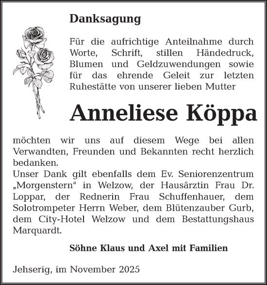 Traueranzeige von Anneliese Köppa von Lausitzer Rundschau