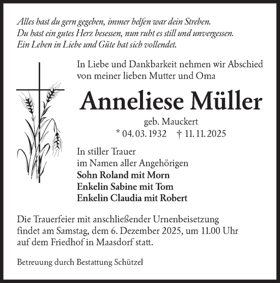 Traueranzeige von Anneliese Müller von Lausitzer Rundschau