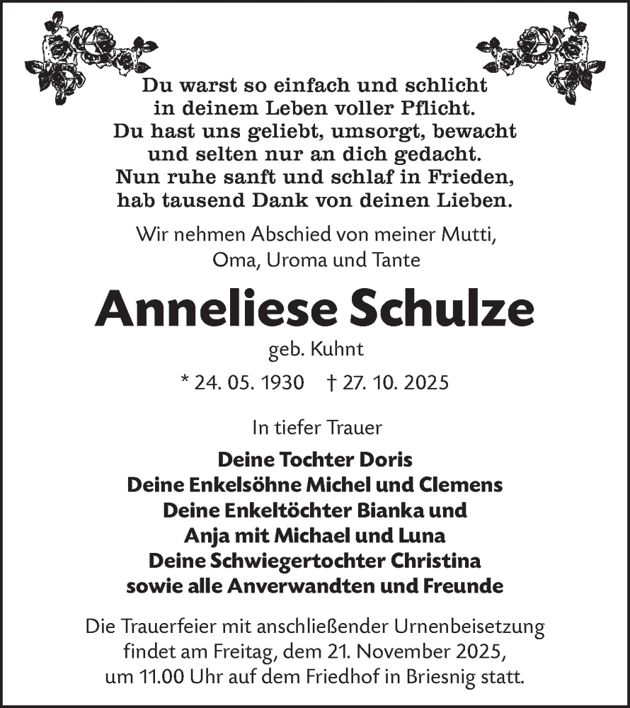  Traueranzeige für Anneliese Schulze vom 15.11.2025 aus Lausitzer Rundschau