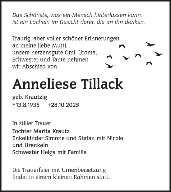 Traueranzeige von Anneliese Tillack von Lausitzer Rundschau