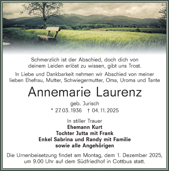 Traueranzeige von Annemarie Laurenz von Lausitzer Rundschau