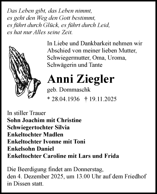 Traueranzeige von Anni Ziegler von Lausitzer Rundschau