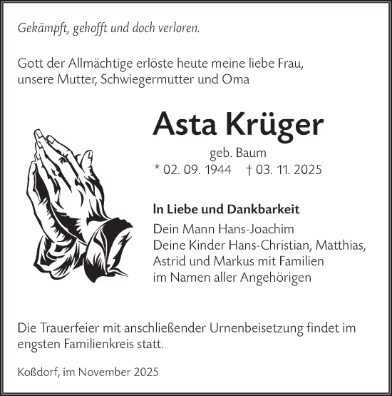 Traueranzeige von Asta Krüger von Lausitzer Rundschau