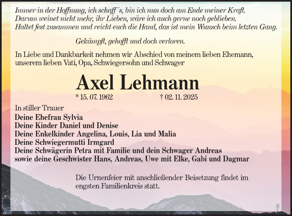  Traueranzeige für Axel Lehmann vom 29.11.2025 aus Lausitzer Rundschau
