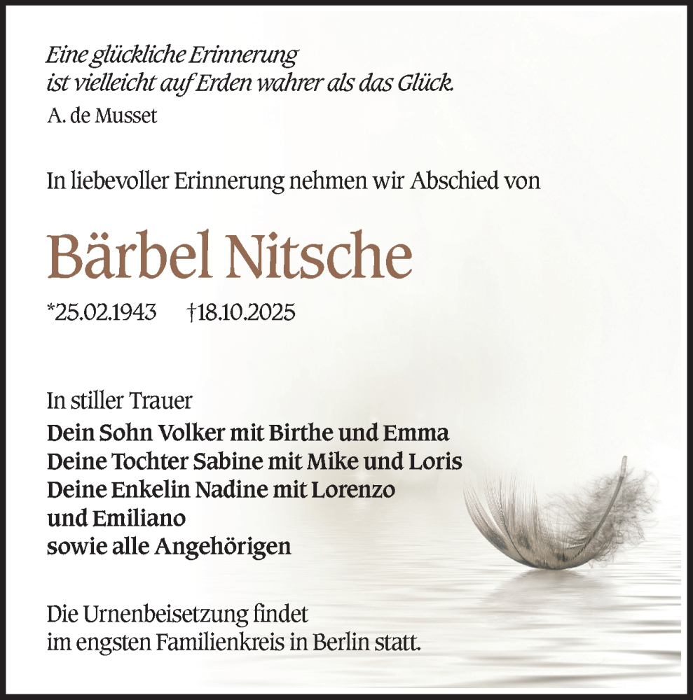  Traueranzeige für Bärbel Nitsche vom 01.11.2025 aus Ausg. LR Spreewald RS