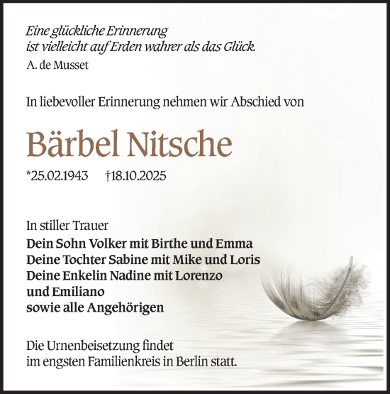 Traueranzeige von Bärbel Nitsche von Ausg. LR Spreewald RS