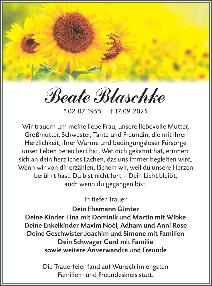  Traueranzeige für Beate Blaschke vom 01.11.2025 aus Lausitzer Rundschau