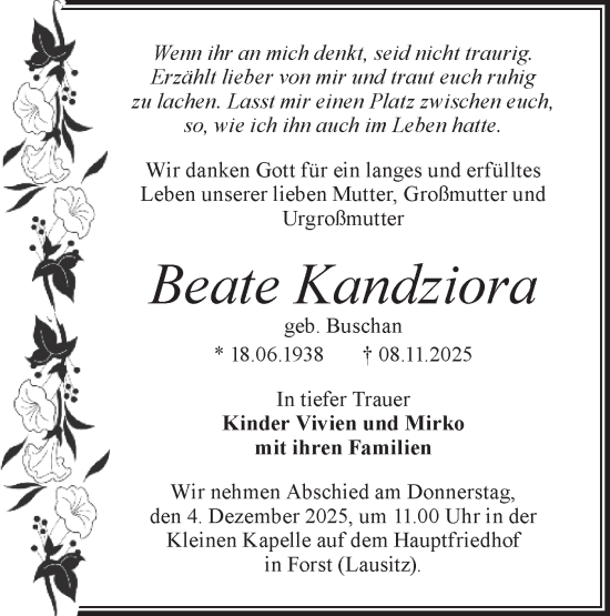 Traueranzeige von Beate Kandziora von Lausitzer Rundschau