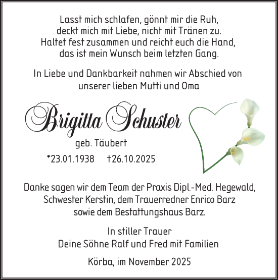 Traueranzeige von Brigitta Schuster von Lausitzer Rundschau