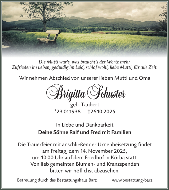 Traueranzeige von Brigitta Schuster von Lausitzer Rundschau